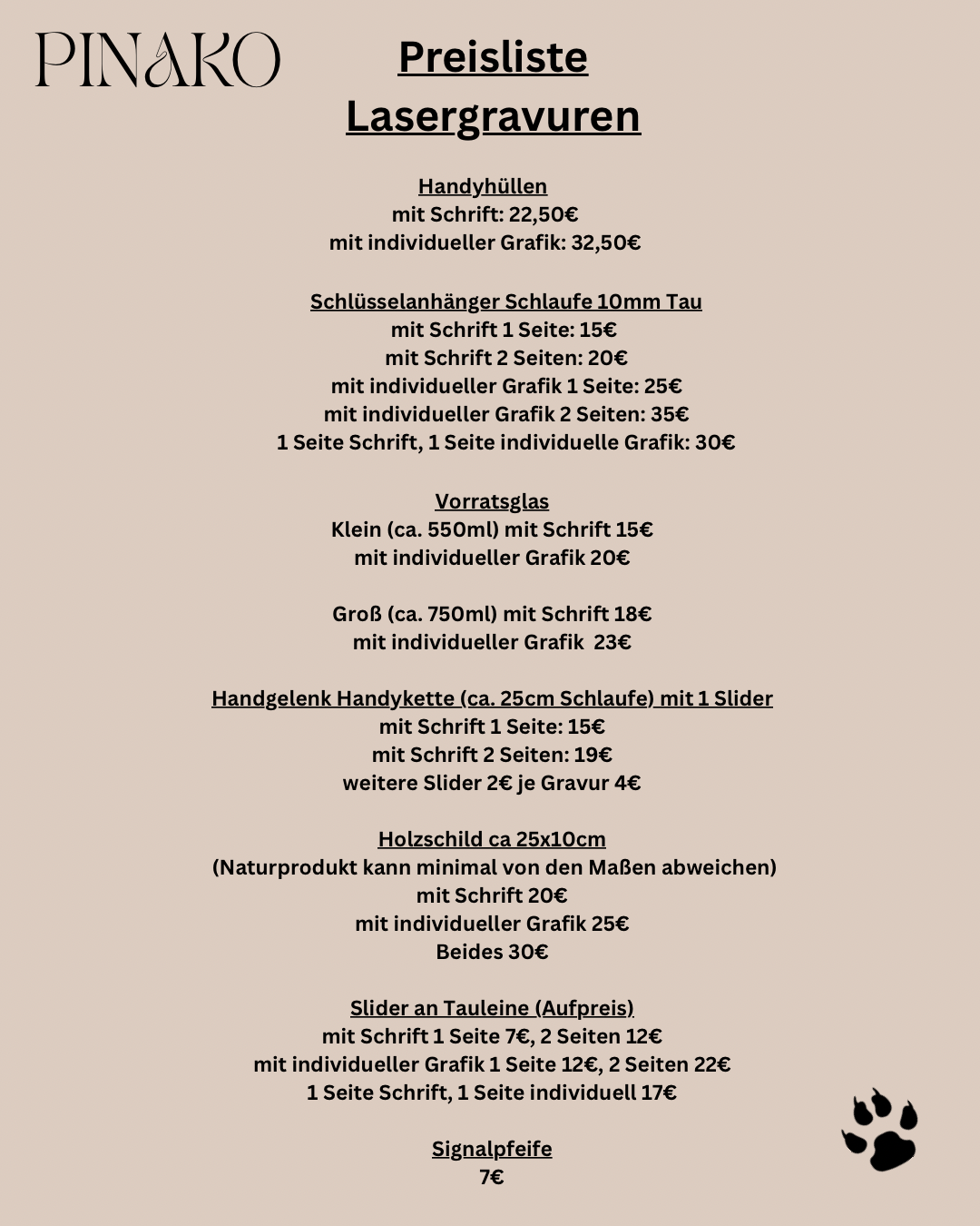 Preisliste Lasergravuren